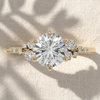 Round Cut Lab Grown Diamond Engagement Ring, Cluster Side Stones Solitaire Ring, Asymmetrical Diamond Band, Unique Solid Gold Anniversary Gift For Her