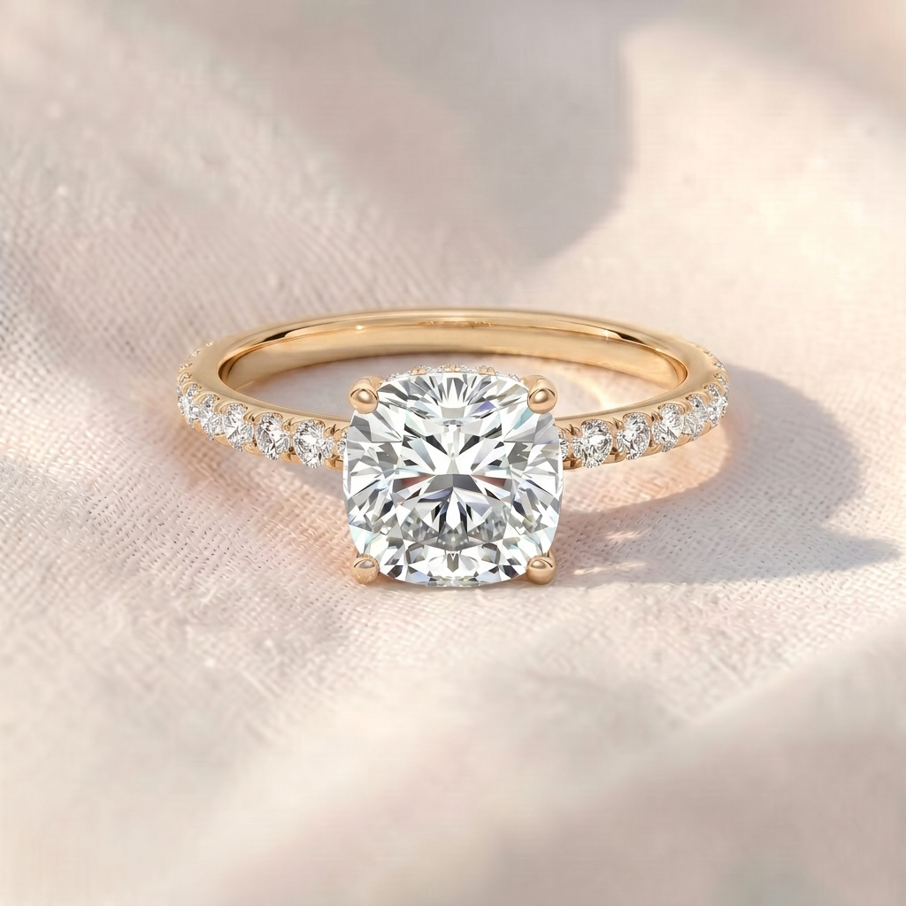 cushion cut hidden halo pavé lab diamond engagement ring