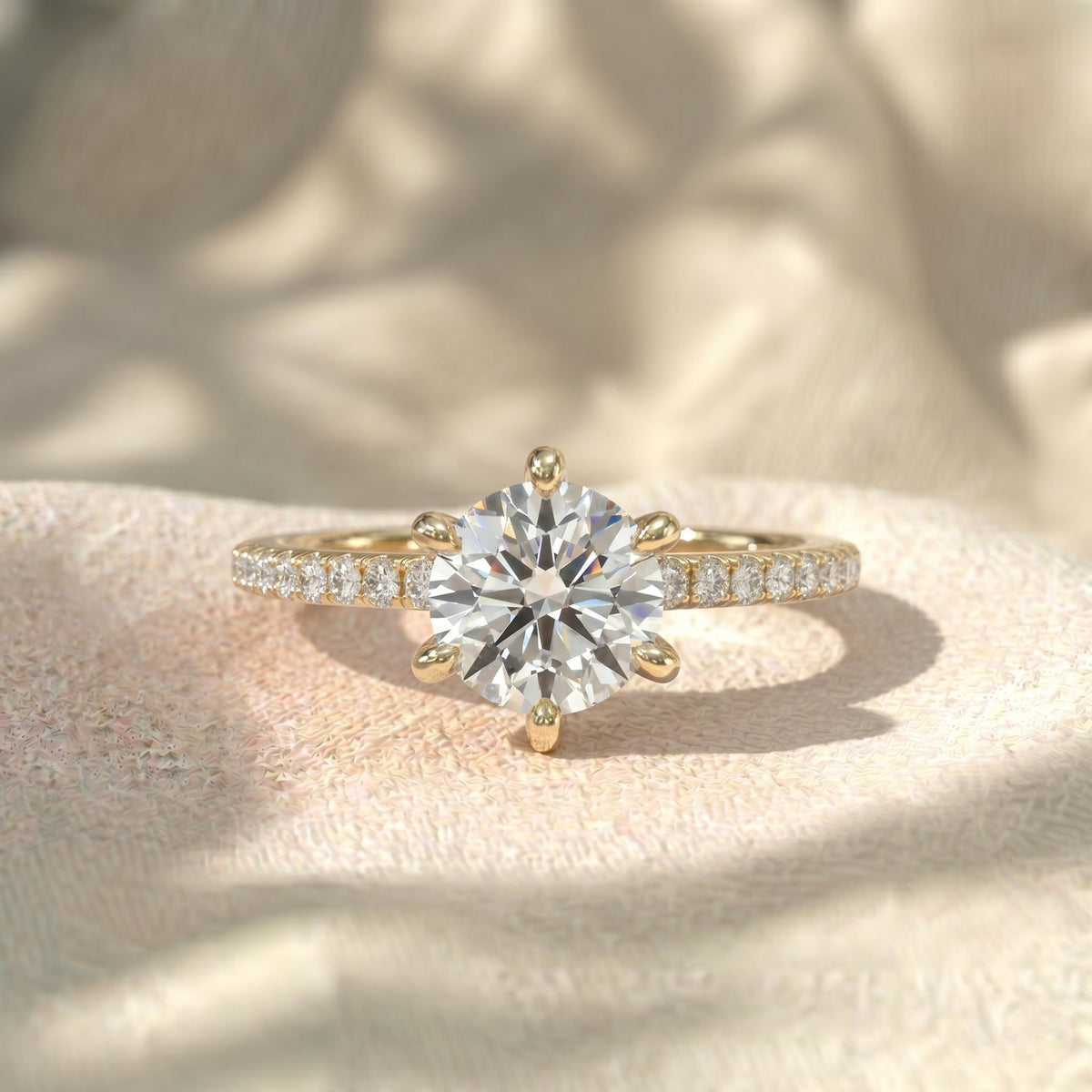 round cut lab grown diamond engagement ring, 6 prong solitaire ring, pave diamond band, scalloped accent ring, solid gold anniversary gift for her