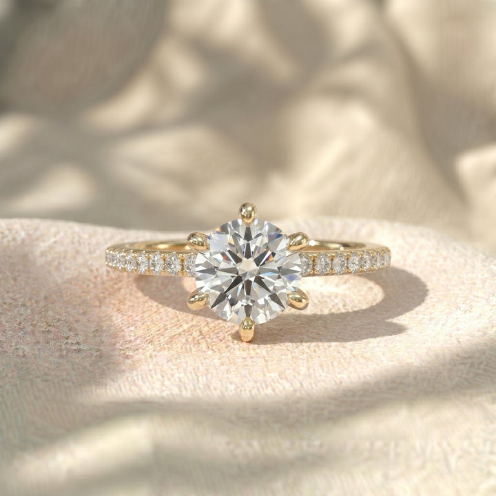 Round Cut Lab Grown Diamond Engagement Ring, 6 Prong Solitaire Ring, Pave Diamond Band, Scalloped Accent Ring, Solid Gold Anniversary Gift For Her