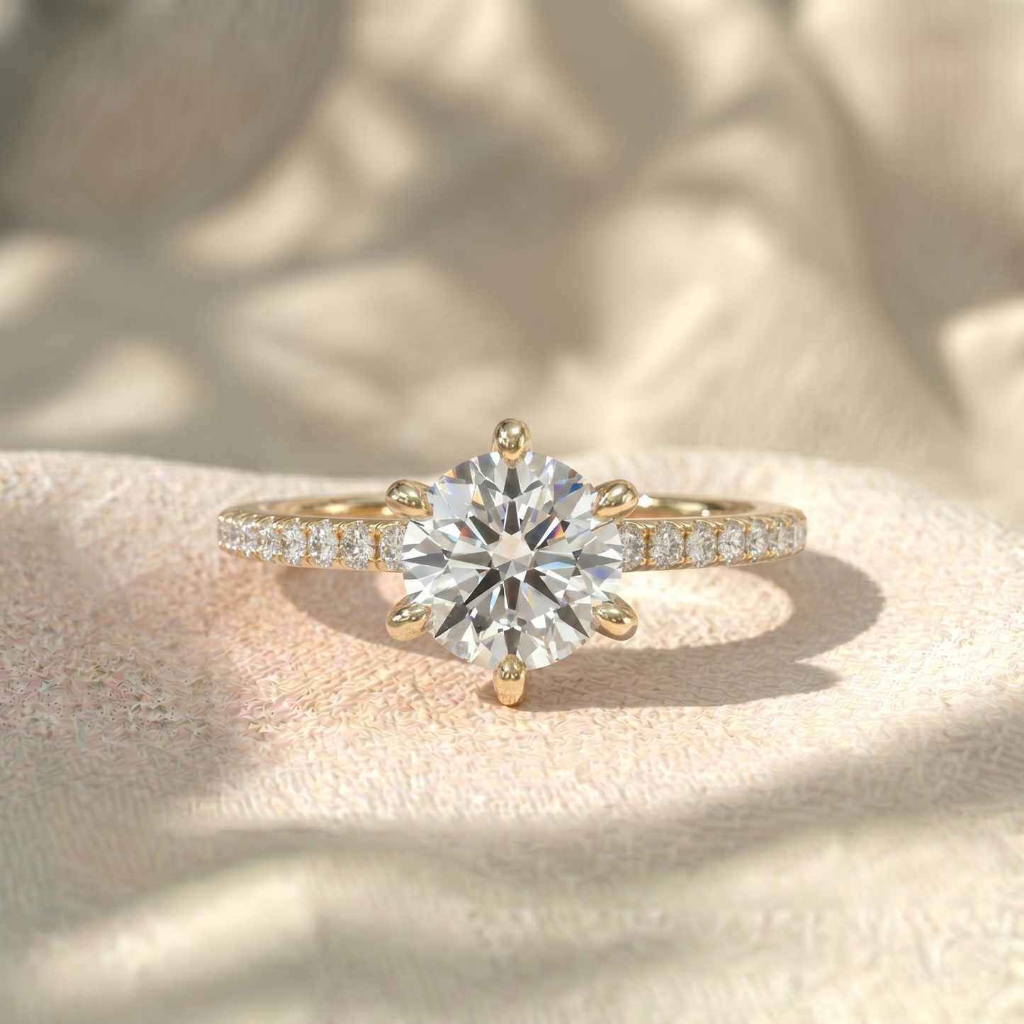 round cut lab grown diamond engagement ring, 6 prong solitaire ring, pave diamond band, scalloped accent ring, solid gold anniversary gift for her