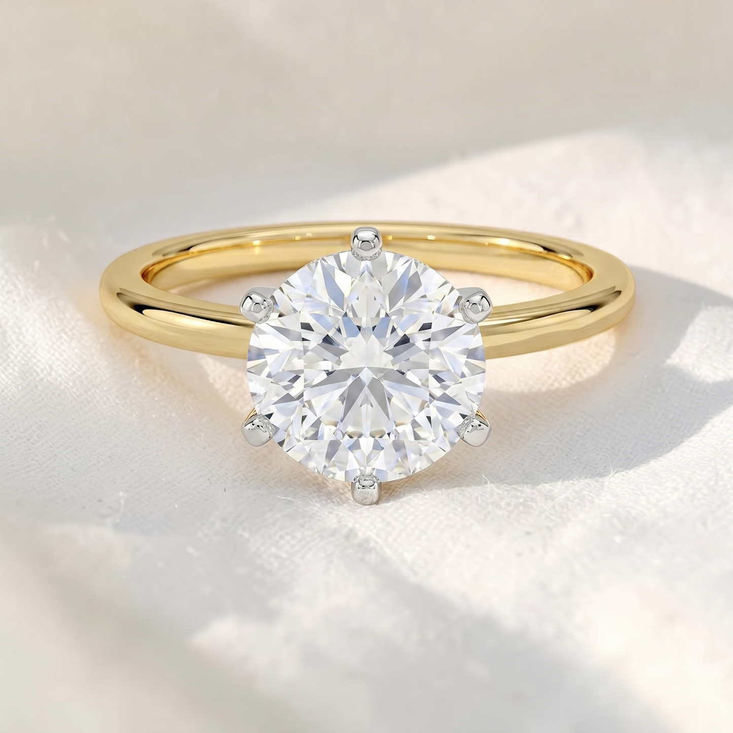 two tone round cut lab grown diamond solitaire cathedral engagement ring