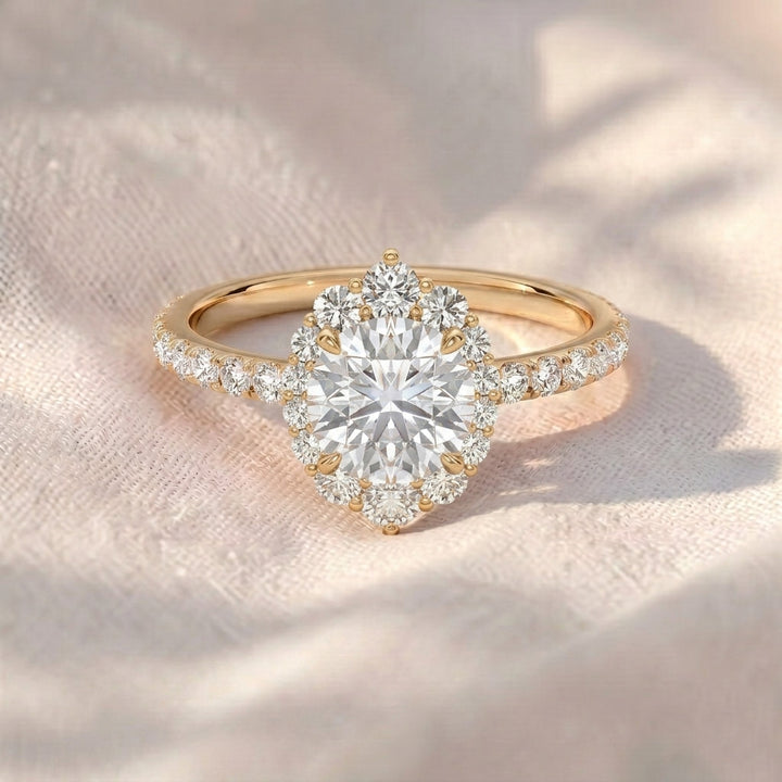 Round Cut Lab Grown Diamond Engagement Ring, Vintage Floral Sunburst Halo Ring, Pavé Diamond Band, Unique Solid Gold Anniversary Ring For Her