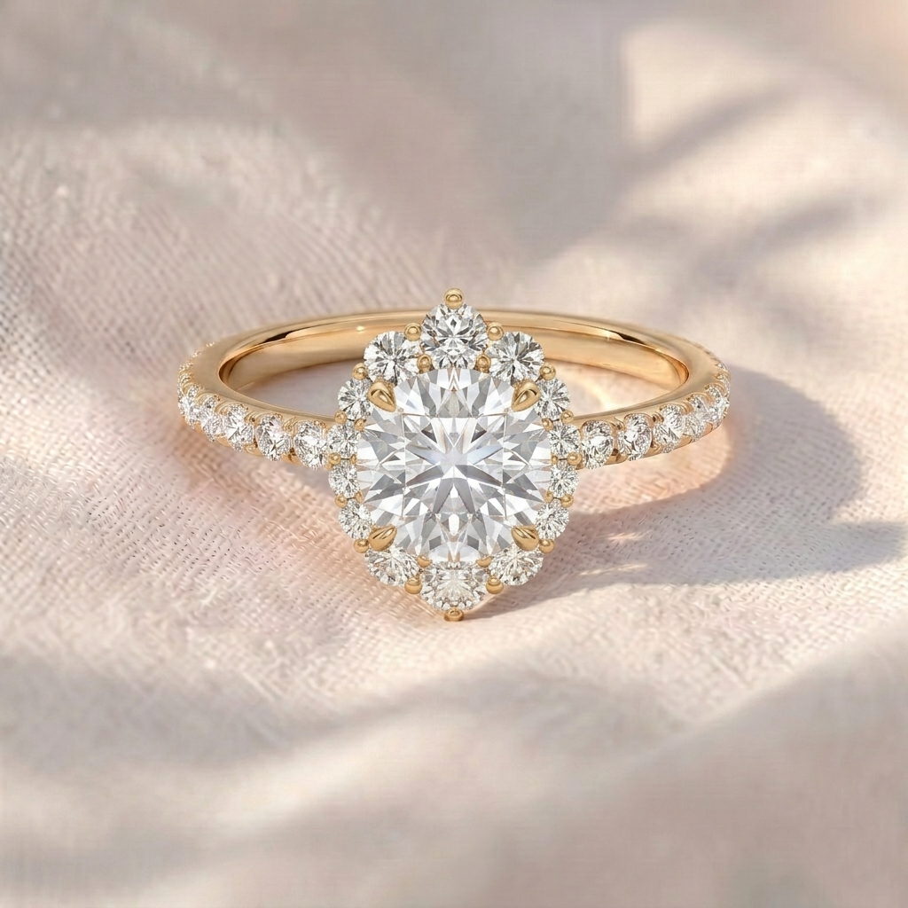 round cut lab grown diamond engagement ring, vintage floral sunburst halo ring, pavé diamond band, unique solid gold anniversary ring for her