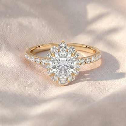 Round Cut Lab Grown Diamond Engagement Ring, Vintage Floral Sunburst Halo Ring, Pavé Diamond Band, Unique Solid Gold Anniversary Ring For Her