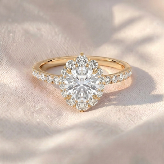 Round Cut Lab Grown Diamond Engagement Ring, Vintage Floral Sunburst Halo Ring, Pavé Diamond Band, Unique Solid Gold Anniversary Ring For Her