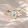 Round Cut Lab Grown Diamond Engagement Ring, Vintage Floral Sunburst Halo Ring, Pavé Diamond Band, Unique Solid Gold Anniversary Ring For Her