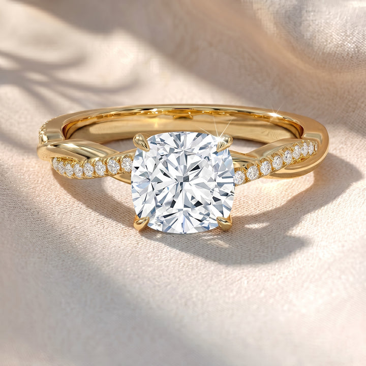 Twisted Band Cushion Lab Grown Diamond Engagement Ring in Gold – Pavé Crossover Ring