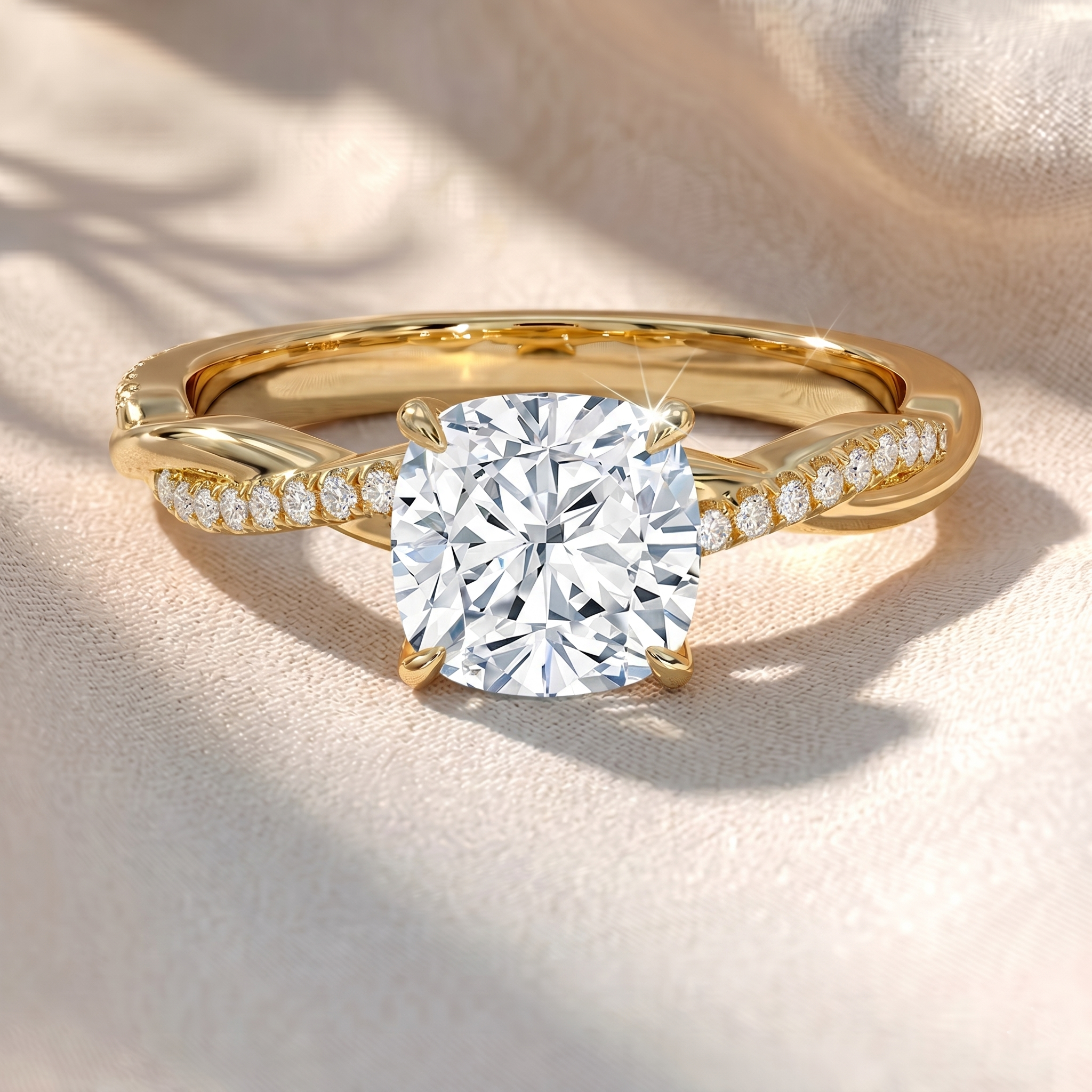Twisted Band Round Lab Grown Diamond Engagement Ring in Gold – Pavé Crossover Ring