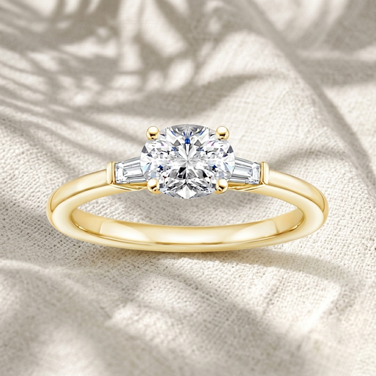 Oval Lab Grown Diamond Three Stone Engagement Ring with Tapered Baguette Side Stones