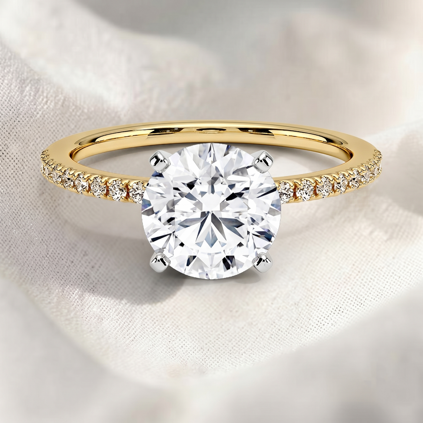 two tone round cut lab grown diamond pave engagement ring