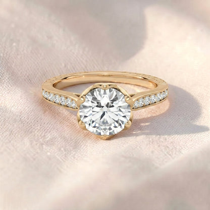 Vintage Round Cut Lab Grown Diamond Engagement Ring, Petal Prongs Lotus Setting Ring, Channel Set Diamond Band, Unique Antique Anniversary Ring For Her