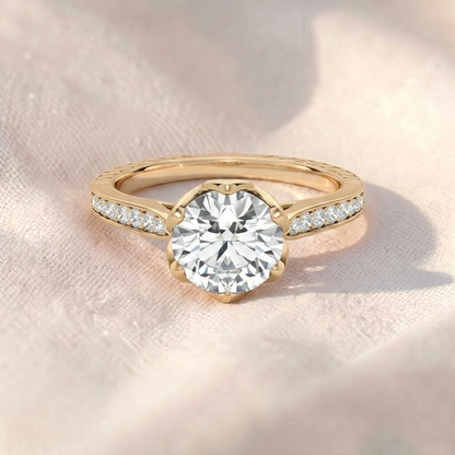 Vintage Round Cut Lab Grown Diamond Engagement Ring, Petal Prongs Lotus Setting Ring, Channel Set Diamond Band, Unique Antique Anniversary Ring For Her