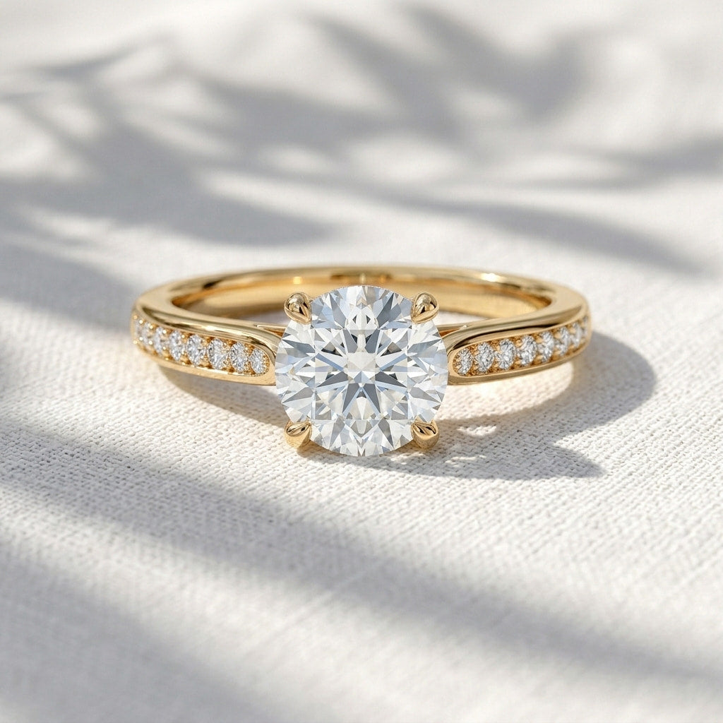 round lab grown diamond tulip cathedral engagement ring with pavé accent band