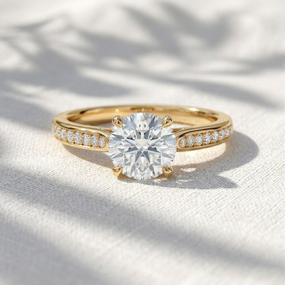 Round Lab Grown Diamond Tulip Cathedral Engagement Ring with Pavé Accent Band