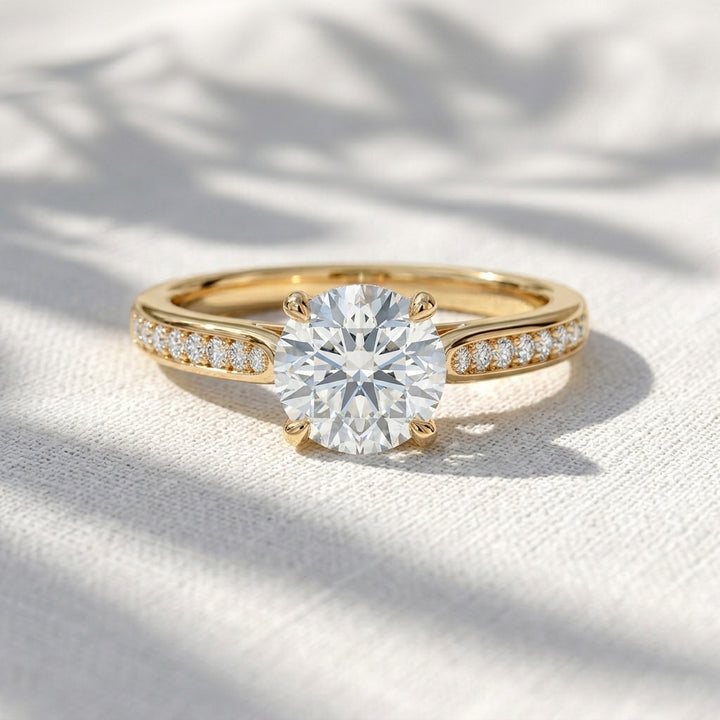 Round Lab Grown Diamond Tulip Cathedral Engagement Ring with Pavé Accent Band