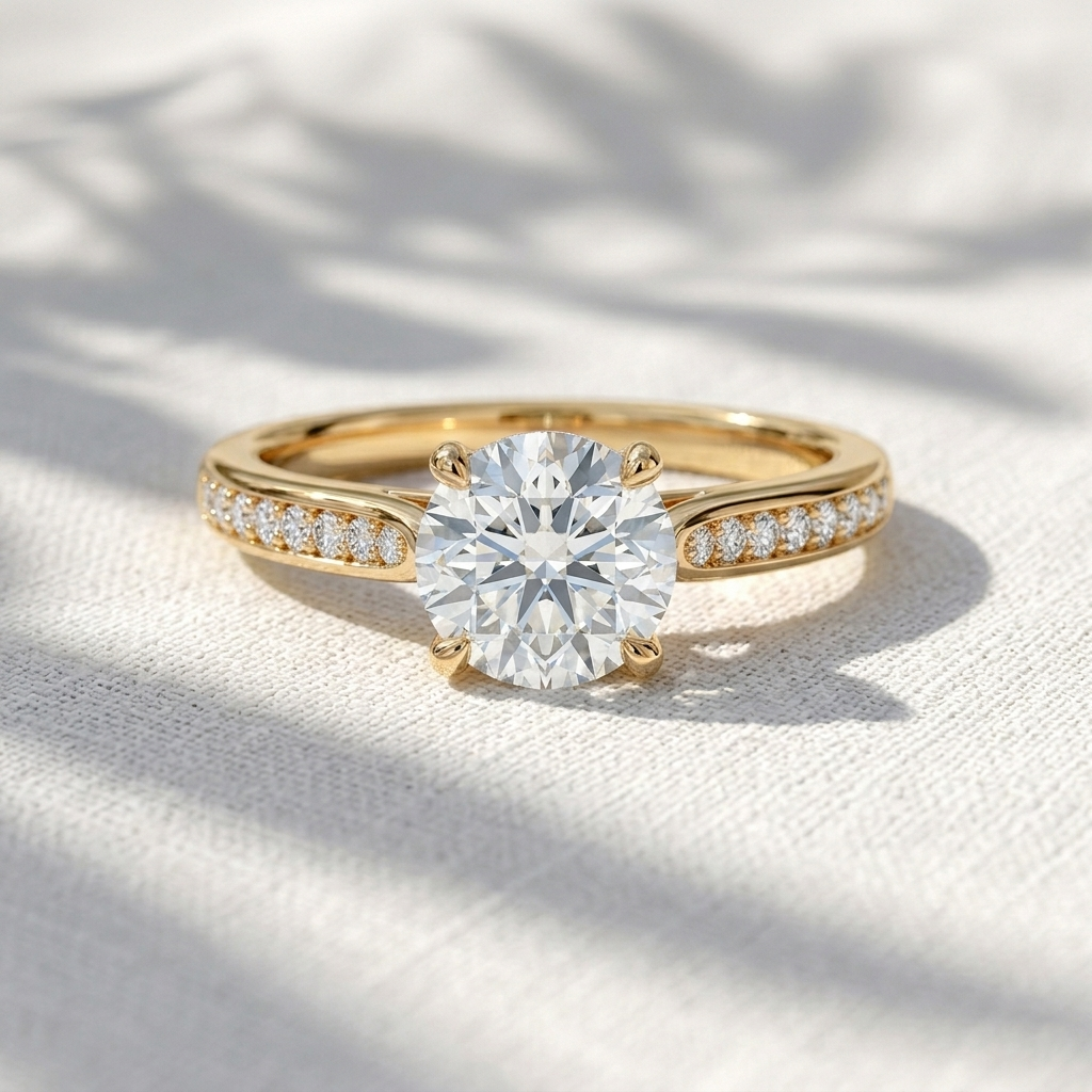 Round Lab Grown Diamond Tulip Cathedra Engagement Ring with Pavé Accent Band