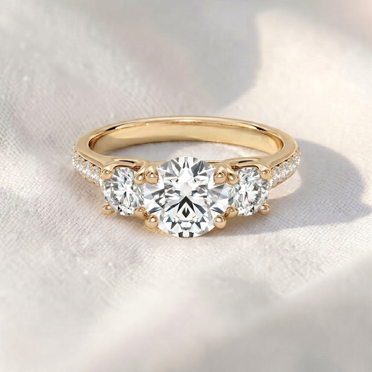Round Lab Grown Diamond Three Stone Engagement Ring with Pavé Band