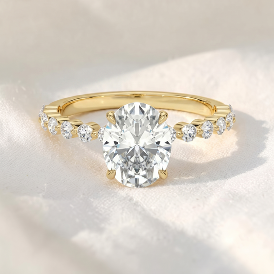 Oval Lab Grown Diamond Hidden Halo Engagement Ring with Shared Prong Pavé Band