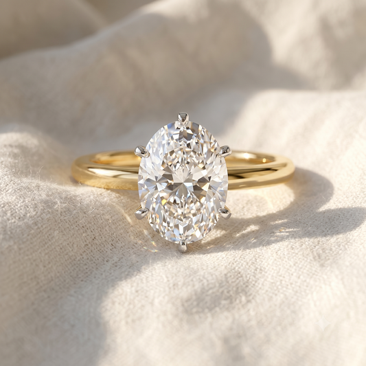 Two Tone Oval Cut Lab Grown Diamond Solitaire Cathedral Engagement Ring