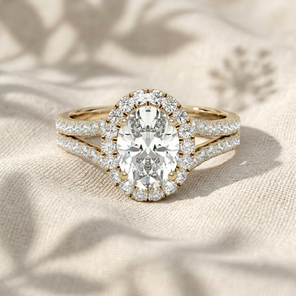 oval cut lab grown diamond engagement ring, split shank halo ring, double row pavé band ring, unique solid gold anniversary gift for her