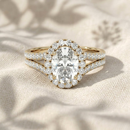 Oval Cut Lab Grown Diamond Engagement Ring, Split Shank Halo Ring, Double Row Pavé Band Ring, Unique Solid Gold Anniversary Gift For Her