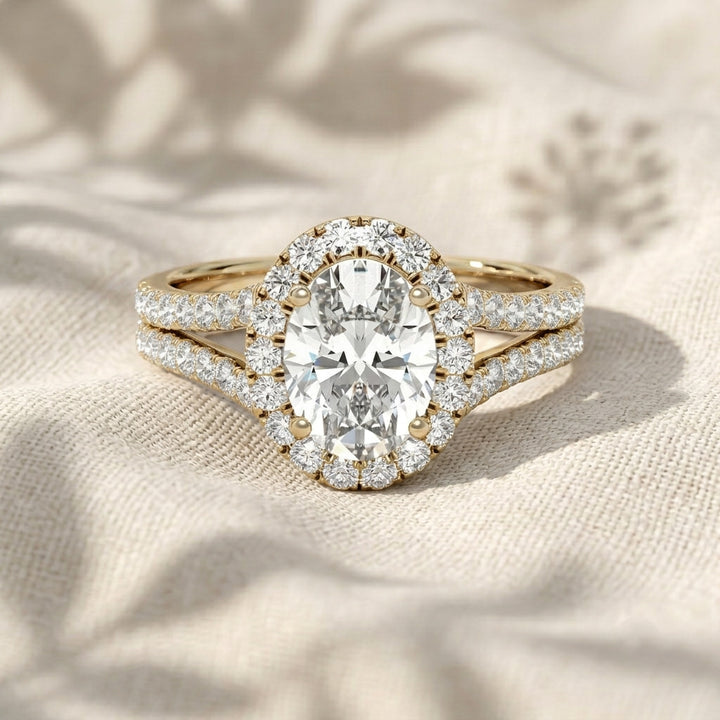 Oval Cut Lab Grown Diamond Engagement Ring, Split Shank Halo Ring, Double Row Pavé Band Ring, Unique Solid Gold Anniversary Gift For Her