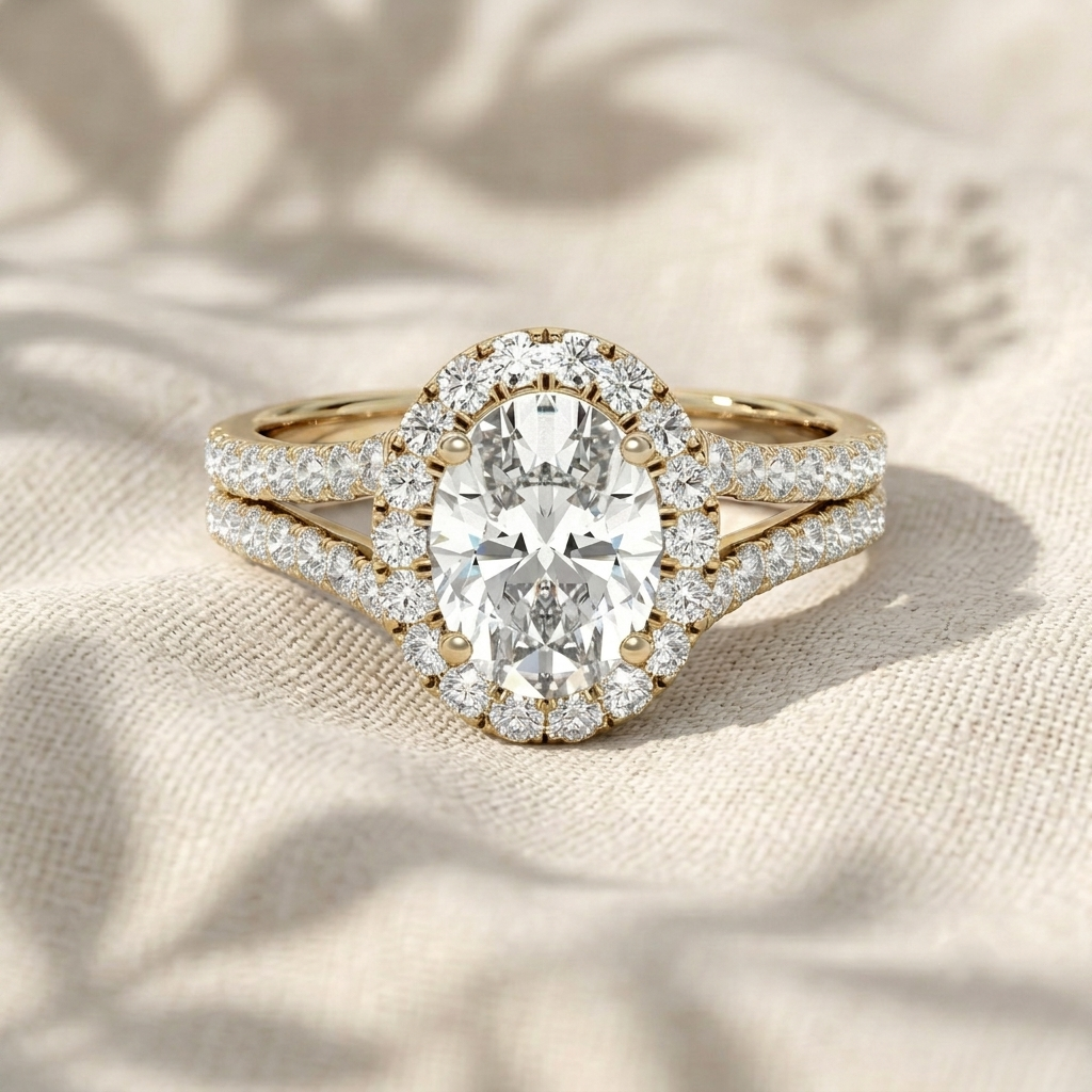 oval cut lab grown diamond engagement ring, split shank halo ring, double row pavé band ring, unique solid gold anniversary gift for her