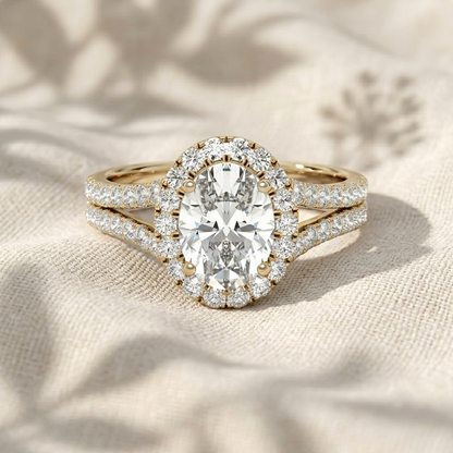 Oval Cut Lab Grown Diamond Engagement Ring, Split Shank Halo Ring, Double Row Pavé Band Ring, Unique Solid Gold Anniversary Gift For Her
