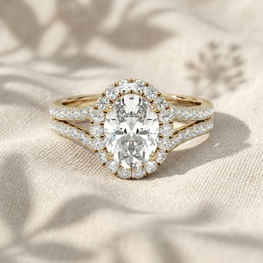 Oval Cut Lab Grown Diamond Engagement Ring, Split Shank Halo Ring, Double Row Pavé Band Ring, Unique Solid Gold Anniversary Gift For Her