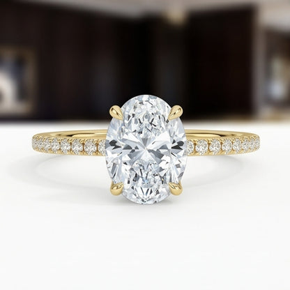 Oval Lab Grown Diamond Pavé Engagement Ring in Gold – Four Prong Solitaire with Hidden Halo