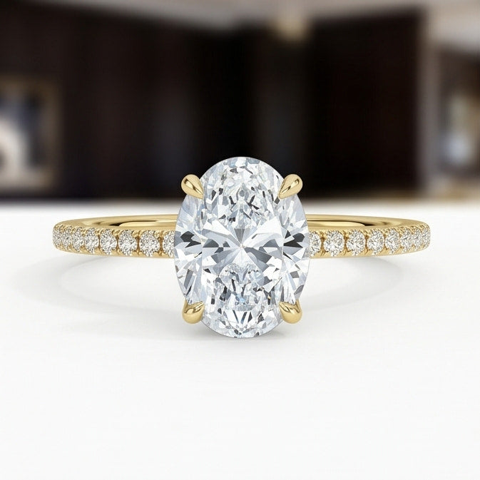 Oval Lab Grown Diamond Pavé Engagement Ring in Gold – Four Prong Solitaire with Hidden Halo