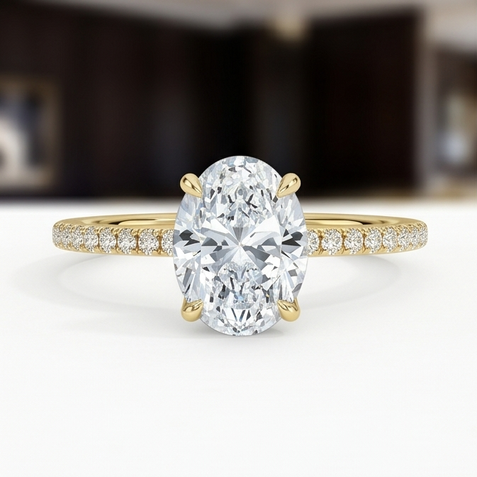 Oval Lab Grown Diamond Pavé Engagement Ring in Gold – Four Prong Solitaire with Hidden Halo