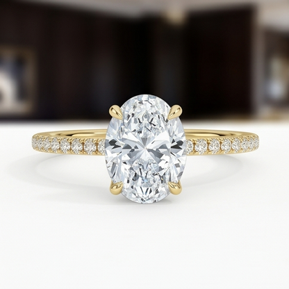 Oval Lab Grown Diamond Pavé Engagement Ring in Gold – Four Prong Solitaire with Hidden Halo (Copy)