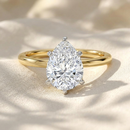 Two Tone Pear Cut Lab Grown Diamond Solitaire Cathedral Engagement Ring