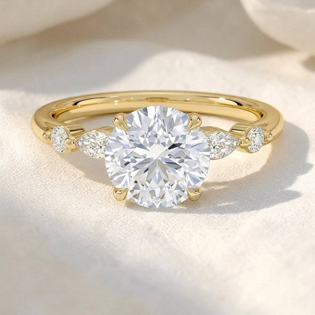 Round Cut Lab Grown Diamond Marquise & Round Side Stone Engagement Ring