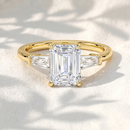 Emerald Cut Lab Grown Diamond Three Stone Engagement Ring with Tapered Baguette Side Stones