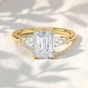 Emerald Cut Lab Grown Diamond Three Stone Engagement Ring with Tapered Baguette Side Stones