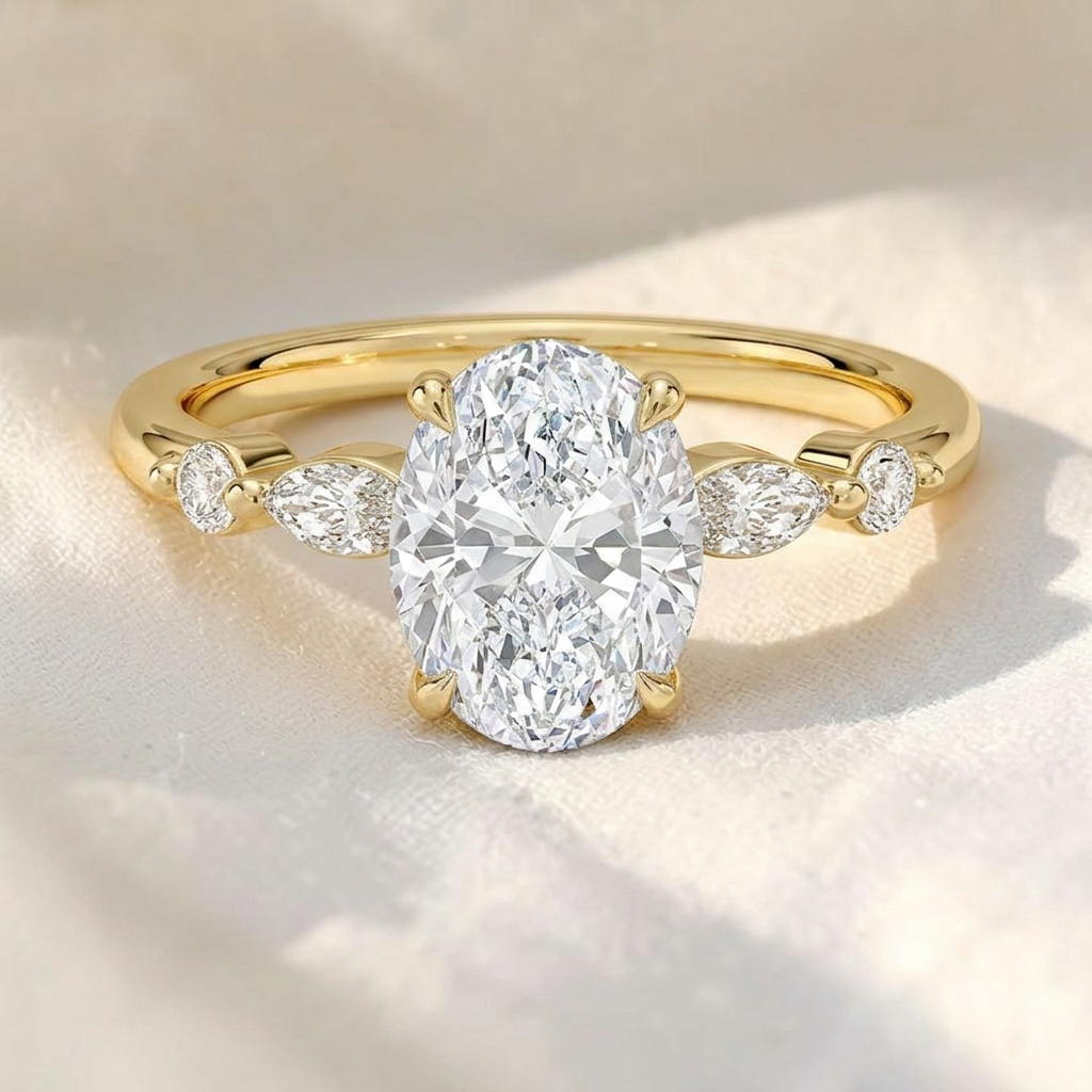 Oval Cut Lab Grown Diamond Marquise & Round Side Stone Engagement Ring