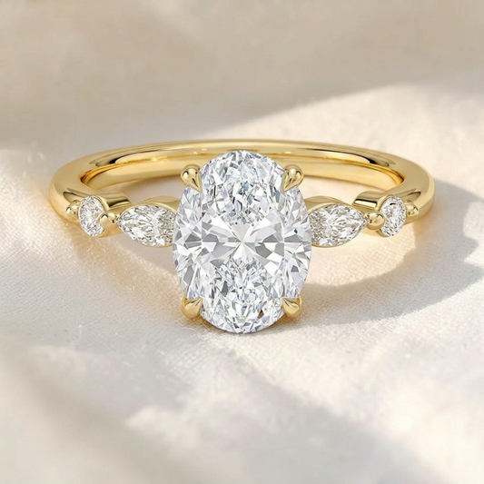 Oval Cut Lab Grown Diamond Marquise & Round Side Stone Engagement Ring