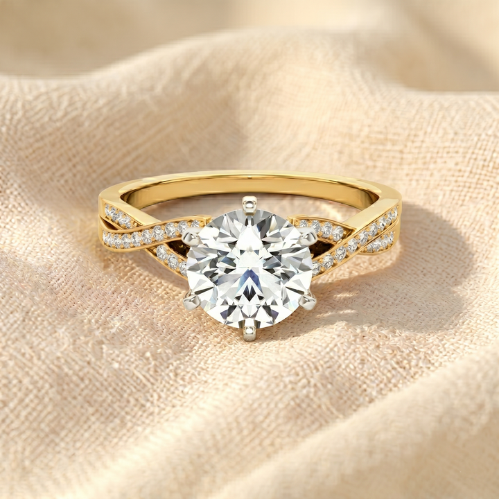 Round Cut Lab Grown Diamond Engagement Ring, Twisted Pave Band Solitaire Ring, Two Tone Gold Split Shank Ring, Unique Anniversary Gift For Her