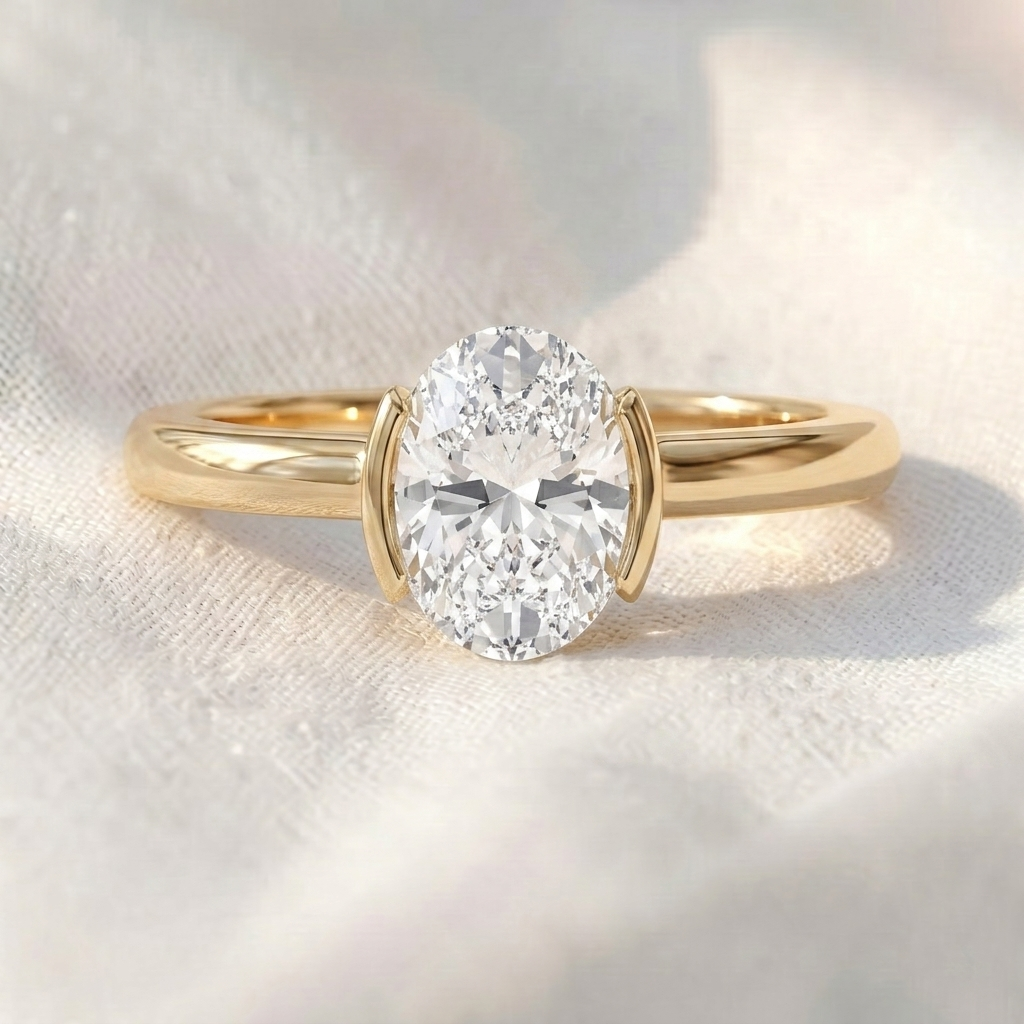 oval lab diamond half bezel solitaire engagement ring