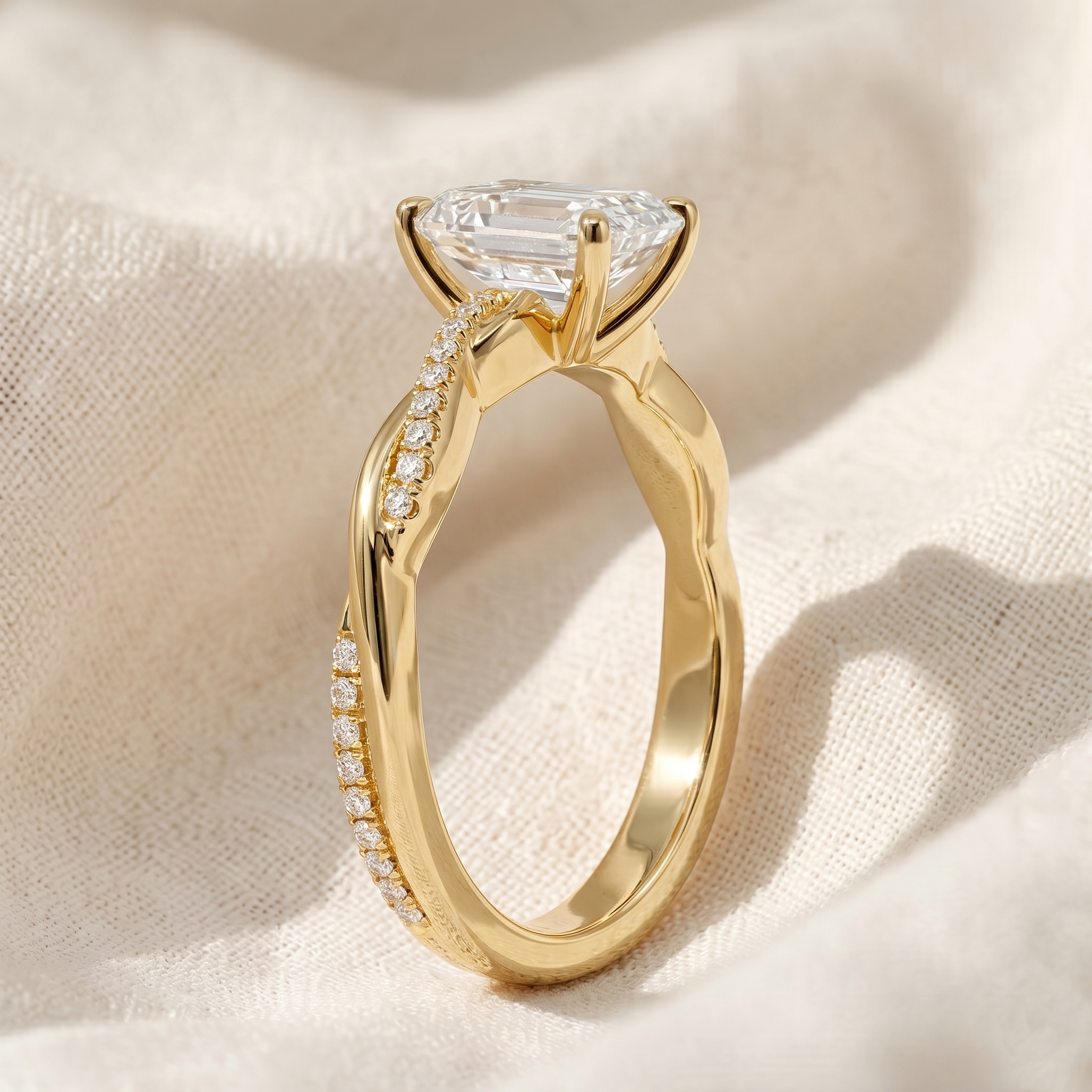 Twisted Band Emerald Lab Grown Diamond Engagement Ring in Gold – Pavé Crossover Ring