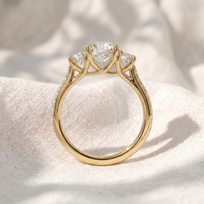 Round Lab Grown Diamond Three Stone Engagement Ring with Pavé Band