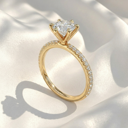 Round Cut Lab Grown Diamond Engagement Ring, 6 Prong Solitaire Ring, Pave Diamond Band, Scalloped Accent Ring, Solid Gold Anniversary Gift For Her