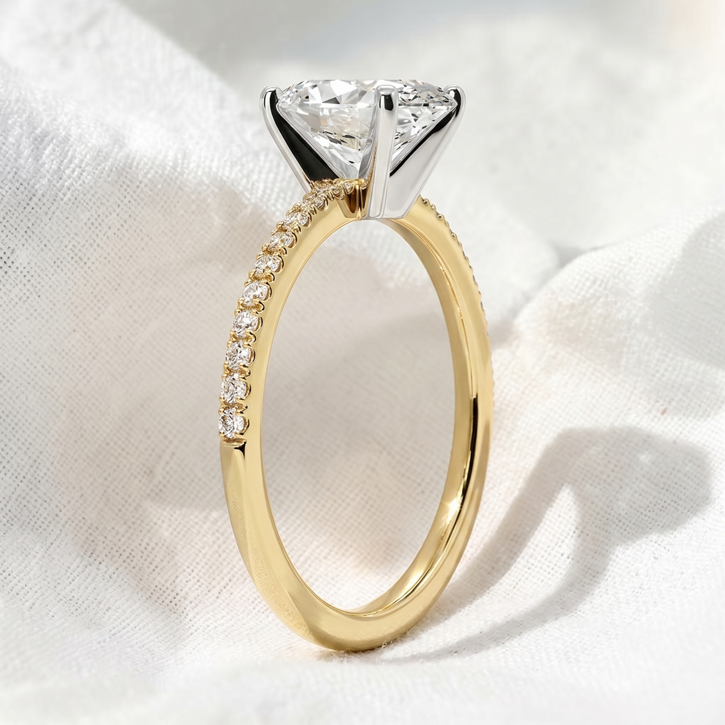 two tone oval cut lab grown diamond pave engagement ring