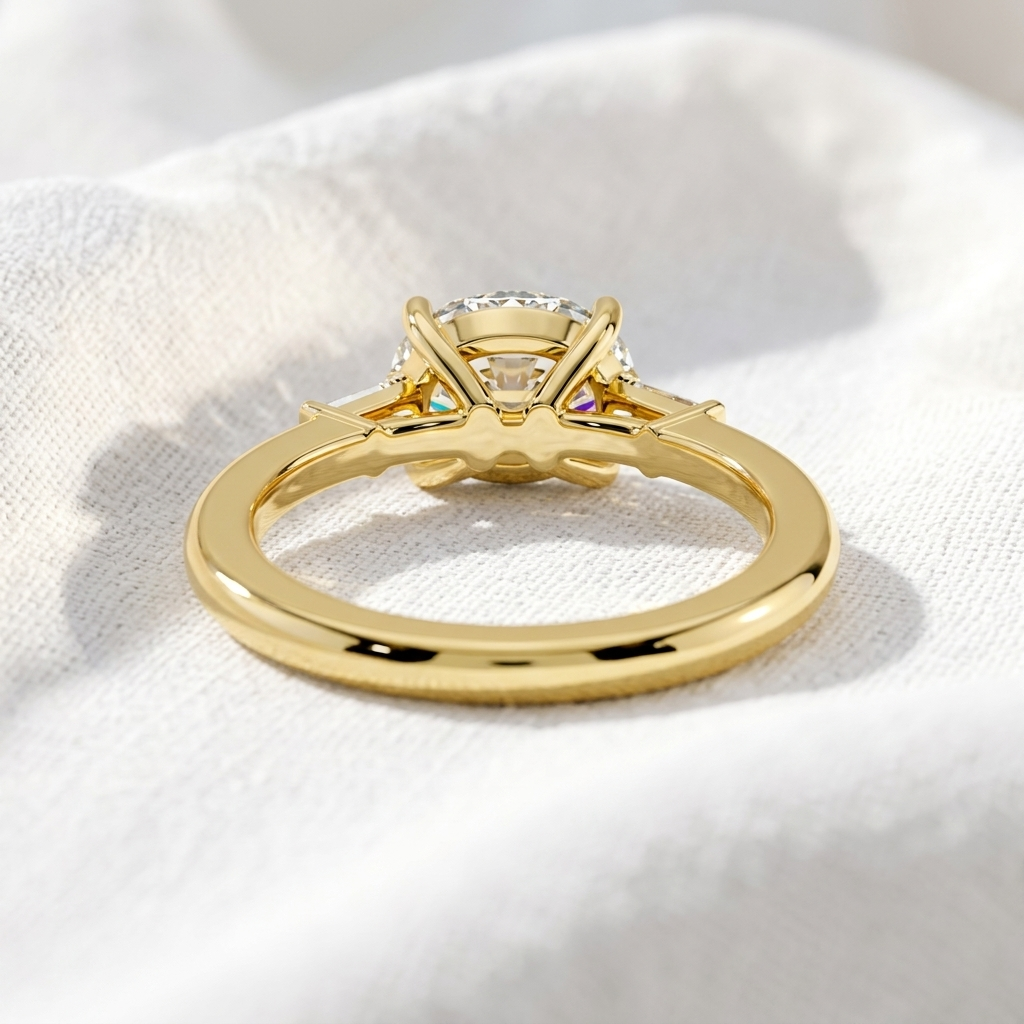 oval lab grown diamond three stone engagement ring with tapered baguette side stones