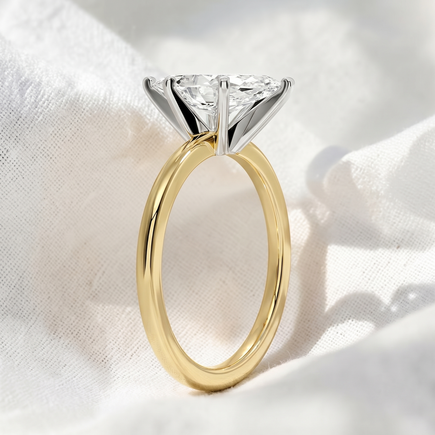 two tone marquise cut lab grown diamond solitaire cathedral engagement ring