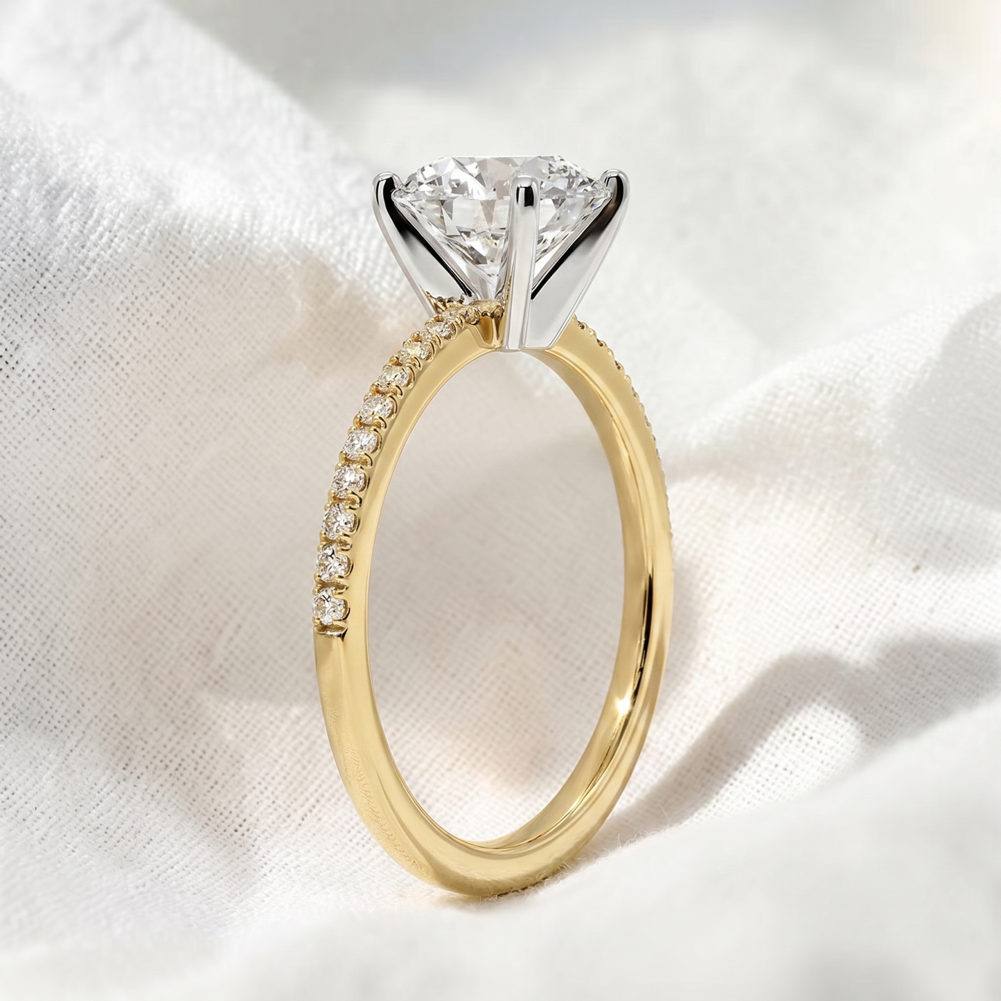 two tone round cut lab grown diamond pave engagement ring