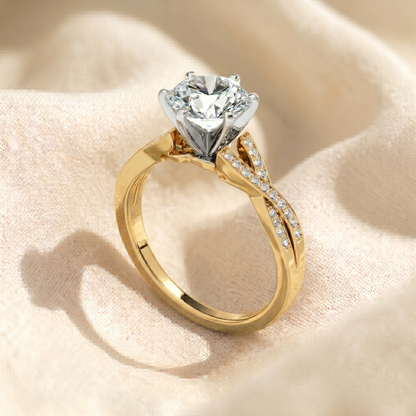 Round Cut Lab Grown Diamond Engagement Ring, Twisted Pave Band Solitaire Ring, Two Tone Gold Split Shank Ring, Unique Anniversary Gift For Her